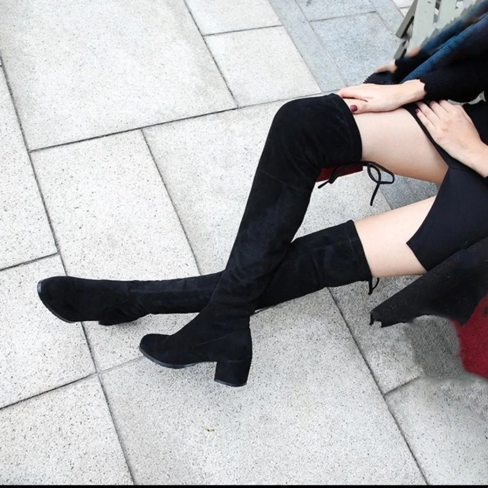 Black Faux Suede Over The Knee Block Heel Boot 6.5